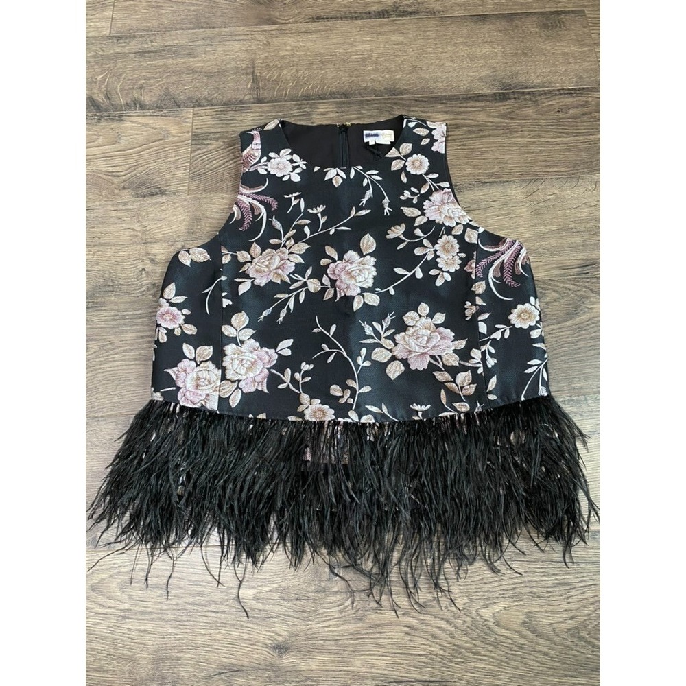EUC‎ Womens Kate Spade Madison Ave Chinoiserie Padma Top Black Feathers size 8
